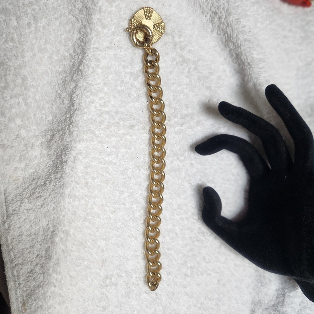 Vintage Gold Tone Chunky Curb Chain Bracelet Medallion Charm Faceted Stone 7.0" - Picture 3 of 14